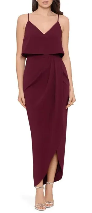 NWT XSCAPE Scuba Crepe Popover Faux Wrap Midi Dress Size 8 Maroon thumbnail 1