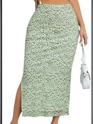 SHEIN Olive Green Floral Midi Skirt with Side Slit thumbnail 1