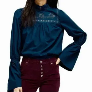 Free People Another Eternity Navy Blouse w Embroidered Crochet Details Size XS thumbnail 6