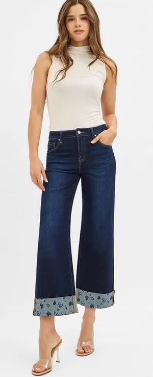 006- Risen Slouchy Crop Wide Leg Heart Cuffed Jeans – Size 27 thumbnail 1