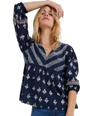 LUCKY BRAND Blue Boho Bandana Bohemian Pullover Blouse ~ Women's SMALL thumbnail 1
