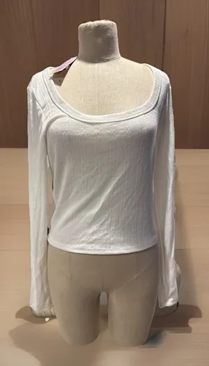 Wild Fable Women Large Trendy Square Neck White Long Sleeve Pointelle Shirt New thumbnail 1