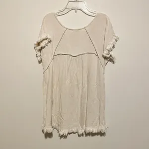 Umgee Size S Beige Oatmeal Short Sleeve Linen Cotton Frayed Tunic Top thumbnail 5