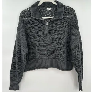 Aerie Women Dark Gray‎ Open Knit Quarter Zip Cropped Cotton Sweater Size M thumbnail 1