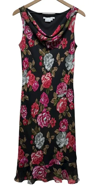Vtg Maggie London Silk Floral Dress 10 Pink Black Whimsigoth‎ 90s Y2K Cowl Neck thumbnail 1