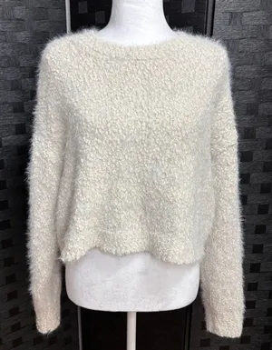 Arizona Sweater‎ Cream Fuzzy Eyelash Popcorn Knit Cropped Cozy Neutral Soft L thumbnail 1
