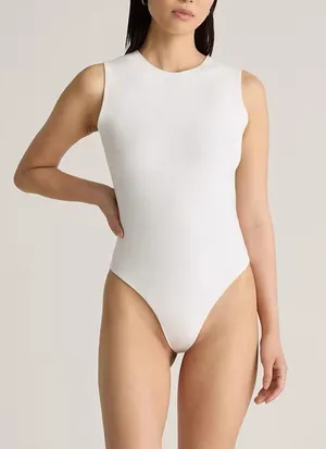NWT Stretch Cotton Jersey High Neck Sleeveless Bodysuit Soft White Sz S thumbnail 1