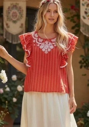 THML Embroidered Ruffle Top Women's Size M Boho Blouse‎ thumbnail 1