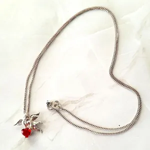 Vintage Sterling Silver Red Gemstone Birthstone Dainty Angel Necklace thumbnail 1