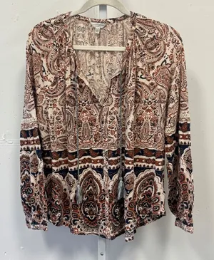 Lucky Brand Paisley Tassel Peasant Boho Jersey Blouse XL Cotton Linen Blend Rust thumbnail 1
