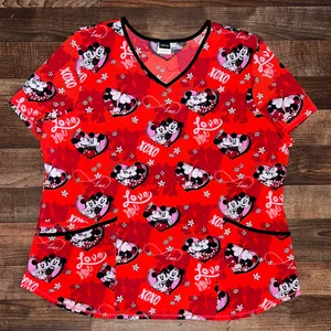 Disney Women's Red Minnie and Mickey Love scrub top nurse doctor thumbnail 1