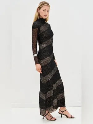 Alice + Olivia Black Nude Size 4 Lace Panel Long Sleeve Fitted Maxi Dress Gown thumbnail 4
