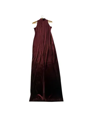 MINKPINK Women M Burgundy Velvet Maxi Dress Mock Neck Whimsigoth Gothic Slit thumbnail 5
