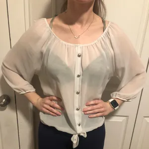 Urvana Plain Solid White Kind of Crop Top Ties in front on‎ bottom 3/4 Sleeves thumbnail 1