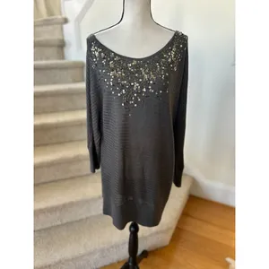 Vintage Y2K Cache Off the Shoulder Grey Sequin Long Line Sweater Mini Dress thumbnail 2