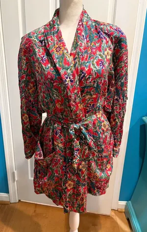 Fantasies by Morgan Taylor vintage silk floral short robe red sz S thumbnail 1