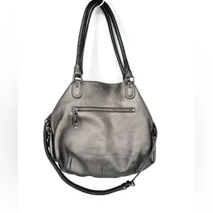 Cole Haan XL‎ Silver Pebbled Leather Satchel Hobo Shoulder Bag Crossbody Strap thumbnail 2