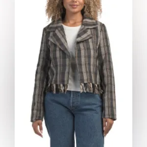 OAT NEW YORK NWT Plaid Fringe Blazer Tweed Cropped Jacket Size Large thumbnail 2