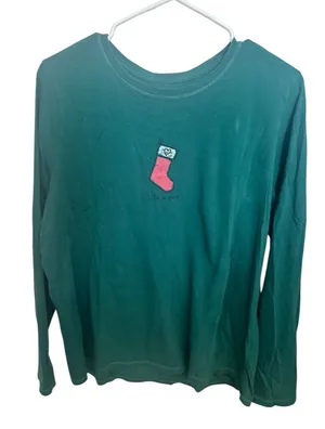 Life Is Good T Shirt Top Large Christmas‎ Stocking Green LS Heart Holiday Party thumbnail 1