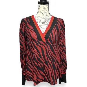 Express S Red Black Zebra Print V-Neck Blouse Long‎ Sleeve Button Cuff Top Y2K thumbnail 4