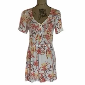 Hurley Floral Button Front Mini Dress Cream Coral Puff Sleeve Size Large thumbnail 5