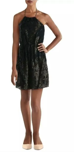 Sadie X Sage Black Gold Velvet Floral Halter Neck Dress‎ Small NWT thumbnail 1