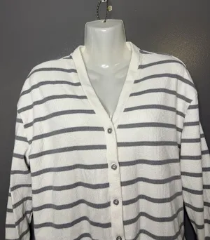 Como Sleep Pajama Set Womens Medium White Gray Stripe Knit Top Pants Lounge thumbnail 1