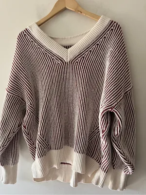 Aerie Red and Cream Beyond Chenille Chunky Knit V Neck Sweater‎ thumbnail 2