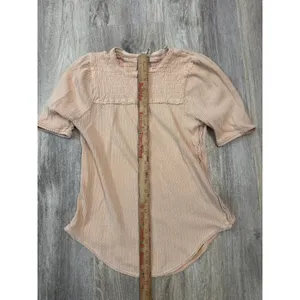 Free People Red Delicious Peach Waffle Knit Smocked Thermal Top‎ Women's Medium thumbnail 6