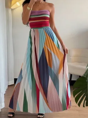 Strapless Maxi Dress, multicolored, pleated, size small, tube top style bodice. thumbnail 9