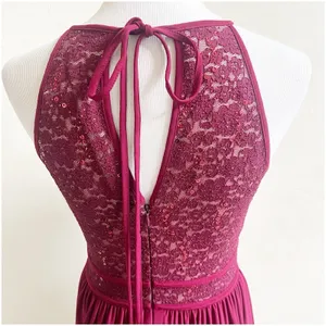 Morgan & Co Size Small Keyhole Sequins Tie Back Halter Maxi Dress Prom Maroon thumbnail 12