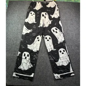 Black Ghost Print Pajama Set Women Large Long Sleeve Button Down Halloween PJs thumbnail 3