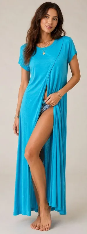 Free People FP Beach Maxi Dress Cover Up Blue Front Slit Swim Casual Size Large thumbnail 1