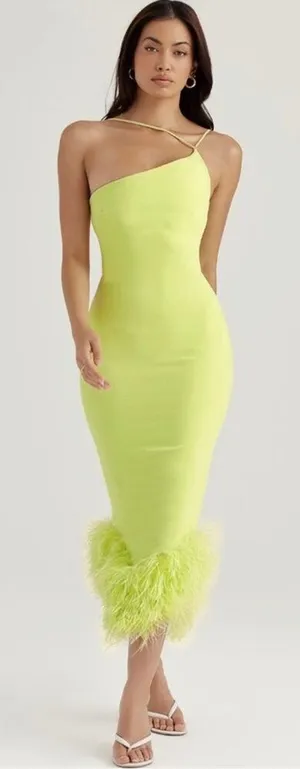 NWOT House of CB ‘Alessia’ Lime Feathered Midi Dress sz XS thumbnail 1