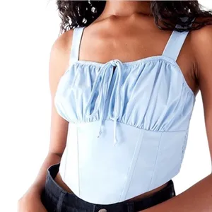 NWT Bailey Rose Corset Solid Crop Top Blue Coquette Smocked Back Size L thumbnail 1