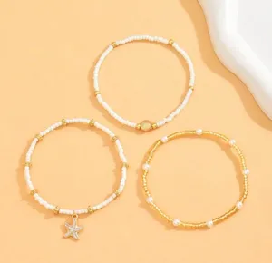 Handmade 3pcs/Set Women Simple White Rice Bead/Faux Pearl Beaded Anklet With Golden Starfish & Seashell Charms, Suitable For Daily Wear And Vacation thumbnail 5
