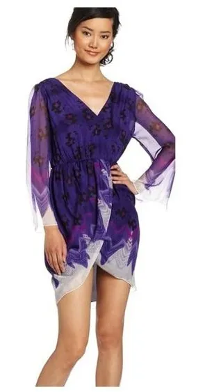 Aryn K Purple Silk Dress Size M 100% Silk Print‎ V-Neck Elastic Waist Fairycore thumbnail 1