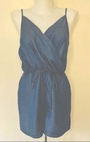 Chambray Romper One Piece Open Back Sleeveless Boho Coastal Resort Size Medium thumbnail 1