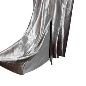 Birdy Grey Jesse Satin Maxi Dress Taupe Pink Formal Flutter Slit Size L thumbnail 4