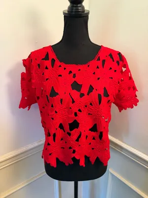 Atmosphere Tomato Red Floral Crochet Lace Crop Top Guipure Cutout Short Sleeve thumbnail 1