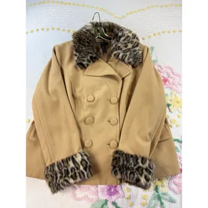 INC International Concepts Camel Wool Blend Leopard Faux‎ Fur Trim Pea Coat 2X thumbnail 2