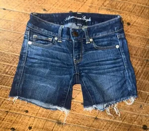 American Eagle dark wash distressed 00 raw hem jeans shorts thumbnail 1