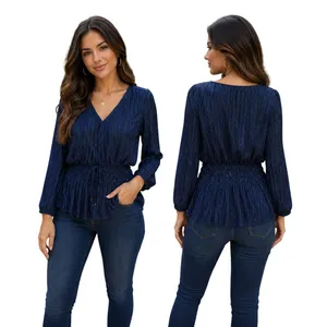 White House Black Market Navy Blue Metallic‎ Pleated Smocked Peplum Blouse Small thumbnail 2