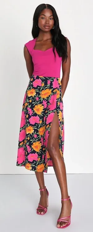Lulus Playful Elegance Navy and Pink Floral Print High-Rise Midi Skirt Medium thumbnail 1