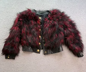 Balmain x H&M 2015 Red Black Faux Fur Leather Trim Cropped Jacket Women's US thumbnail 1