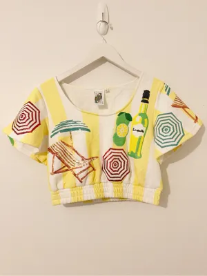 Queen of Sparkles Yellow Stripe Embellished Crop Top Size Small S * thumbnail 2