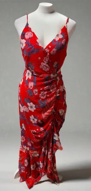 ASTR The Label Dress Womens XS Red Floral Faux Wrap Midi Ruched Side Tie thumbnail 1