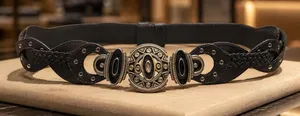 Chico's Genuine Leather Belt Silver And Gold Ornate Buckle Rodeo‎ Boho Luxury thumbnail 1