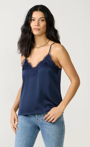 Primark Women's Size 10-12 Camisole Tank Top V-Neck Eyelash Lace Navy Blue Silk thumbnail 1