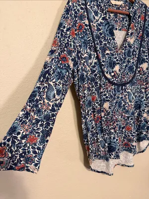 Tory Burch Long Sleeve Blue Silk Floral Butterfly Blouse Size XL thumbnail 4